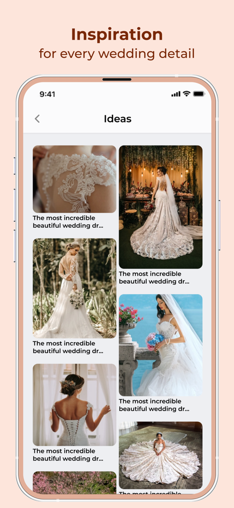 ウェディングドレスのインスピレーション写真のギャラリーを表示するモバイルアプリインターフェイス画像