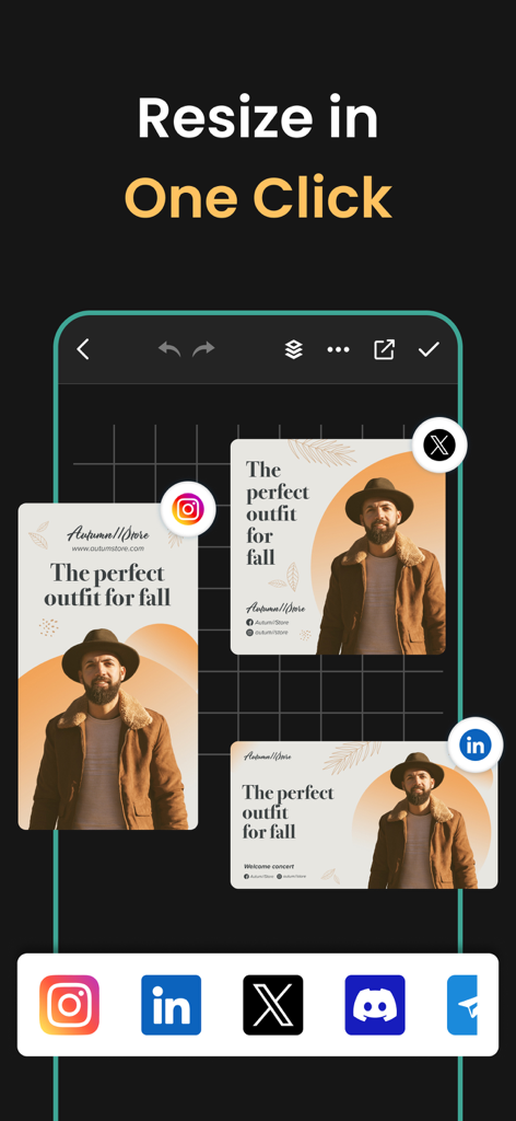 Social Media Post & Ad Maker - Interfaz de la aplicación que muestra el cambio de tamaño en un clic para publicaciones en redes sociales en diferentes plataformas como Instagram y LinkedIn.