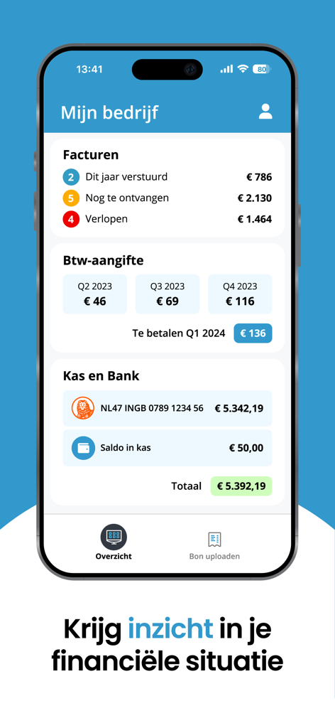 A financial dashboard of the Jortt accounting app showing invoice status, tax returns, and bank balances.