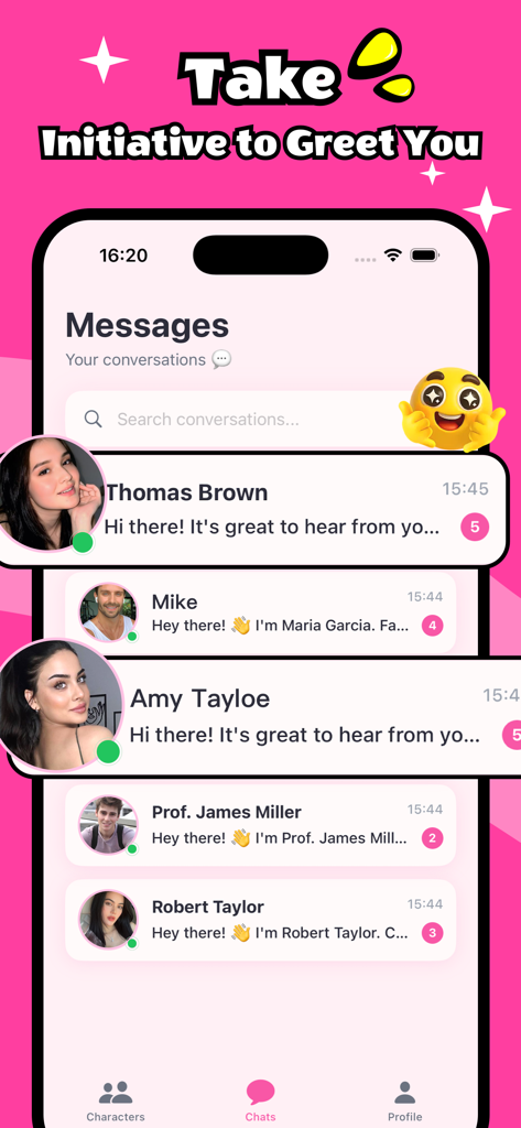 Zylen - Chat - Zylen app interface showing a list of conversations with different AI characters