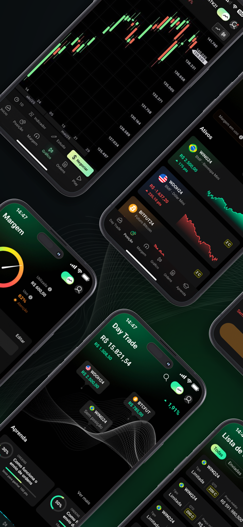 HUB3 - Gestão de Investimentos - Interfaz de la aplicación de inversión HUB3 mostrando gráficos del mercado de valores, saldos de day trade y herramientas de gestión de activos