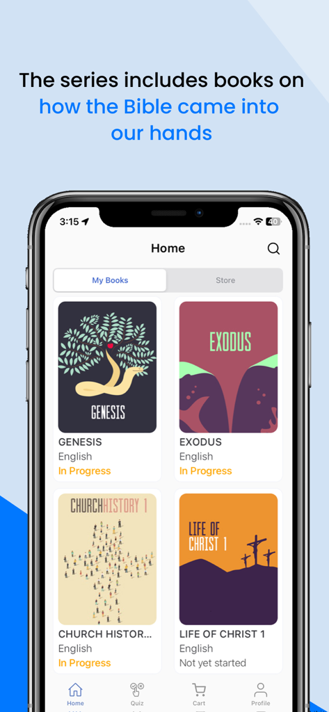Screenshot of the Living Logos Mobile app showing a collection of Bible study books including Genesis, Exodus, and Church History.