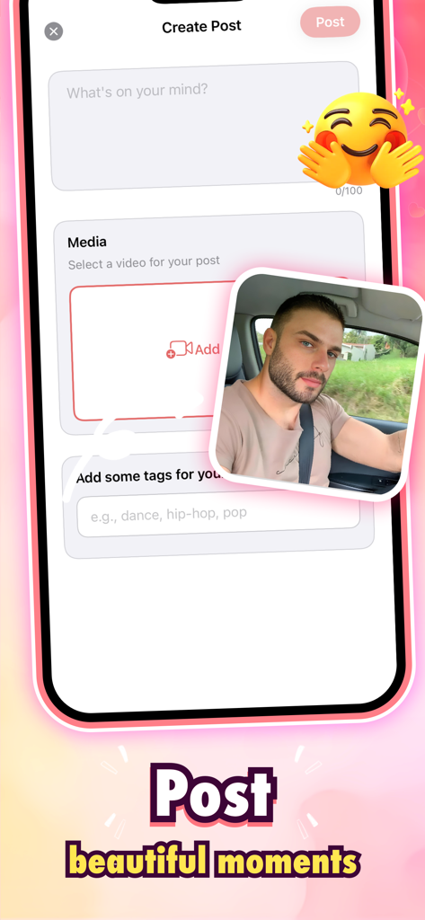 Reta - Dance Video Sharing - Interfaz de la aplicación Reta que muestra la pantalla de creación de publicaciones donde los usuarios pueden subir videos de danza y agregar etiquetas como hip-hop y pop.