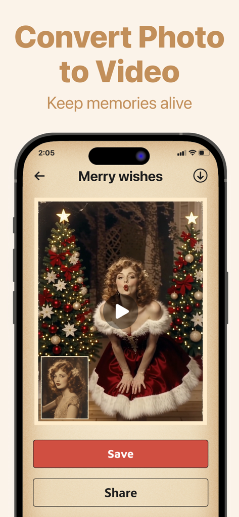 저장 및 공유 버튼이 있는 빈티지 사진이 애니메이션 크리스마스 테마 비디오로 변환된 Photo Revive AI 앱 인터페이스