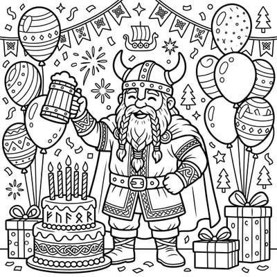 Join a cheerful Viking explorer as they raise a tankard in celebration of a lively birthday party. This festive coloring page is packed with balloons, gifts, and a delicious cake, ready for your creative touch.
