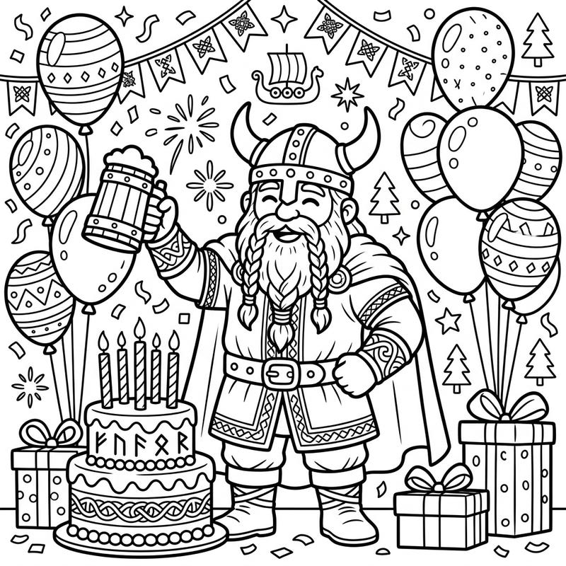Join a cheerful Viking explorer as they raise a tankard in celebration of a lively birthday party. This festive coloring page is packed with balloons, gifts, and a delicious cake, ready for your creative touch.