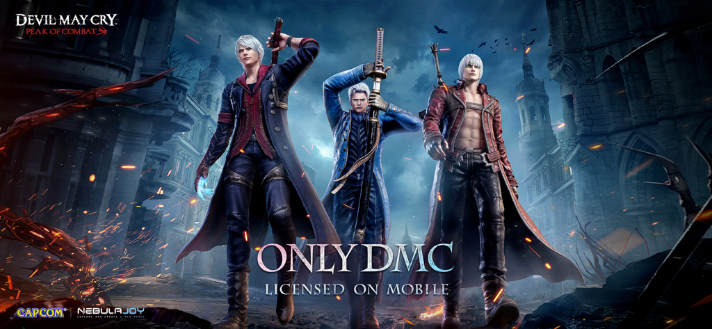 Devil May Cry: Peak of Combat - Hauptcharaktere Dante, Vergil und Nero vor einer gotischen Stadt in Devil May Cry Peak of Combat