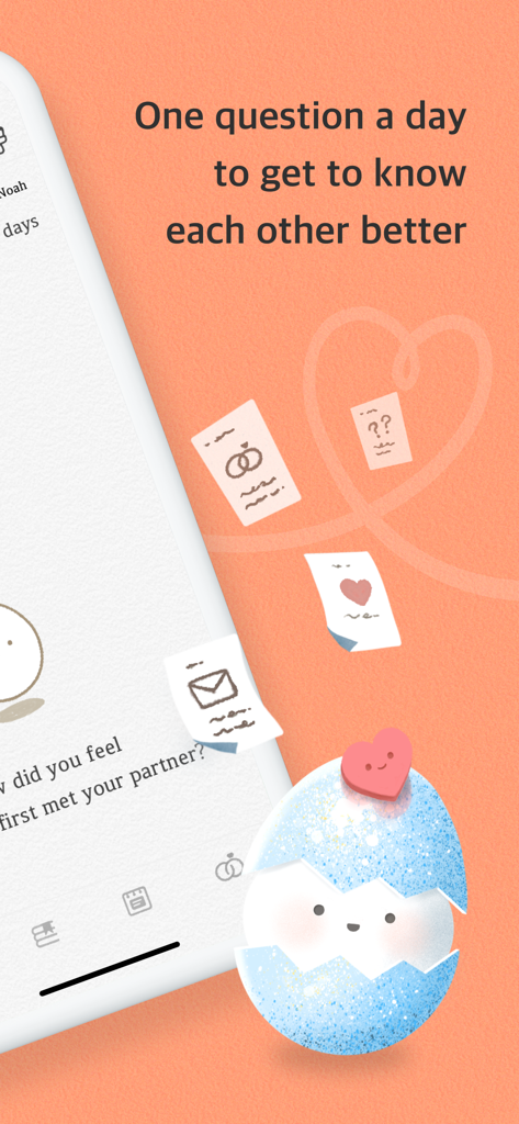 SumOne: For Relationships - Interfaz de la aplicación SumOne mostrando una pregunta diaria para parejas con un lindo personaje azul y notas decorativas