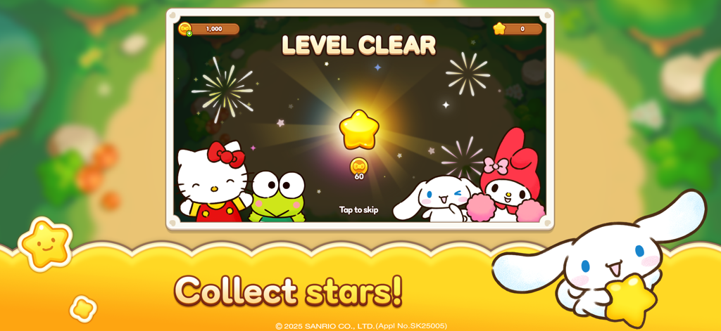 A level clear screen in Hello Kitty Friends Match featuring Hello Kitty, Keroppi, My Melody, and Cinnamoroll with a star reward.