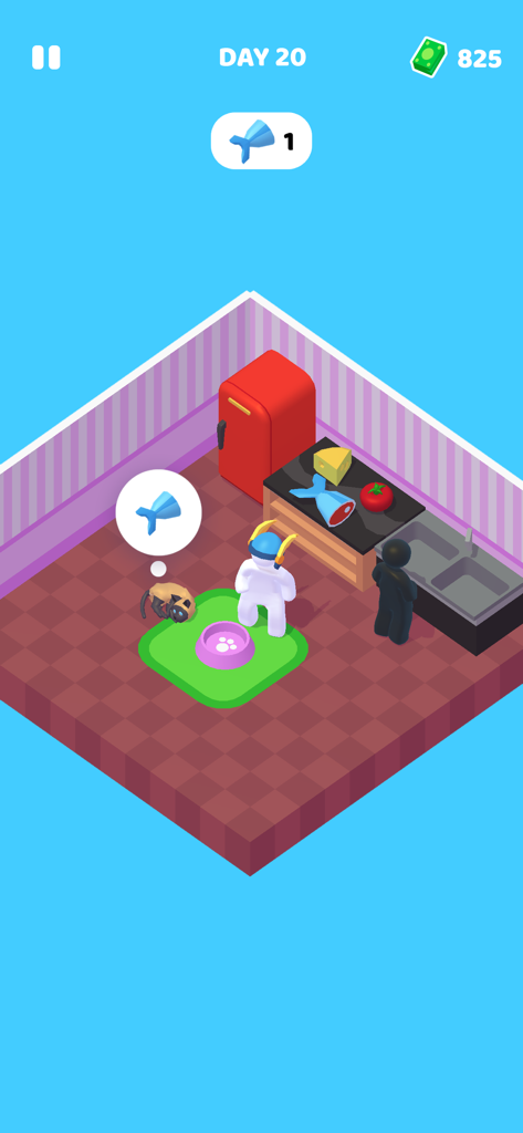 Vista isométrica de um personagem em uma cozinha com um gato de estimação em Staff Job and Life Simulator