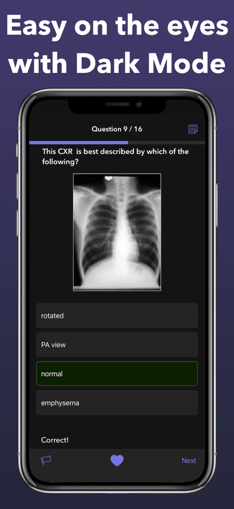 Radiology Board Review 2026 app screenshot showing a chest X-ray question in dark mode