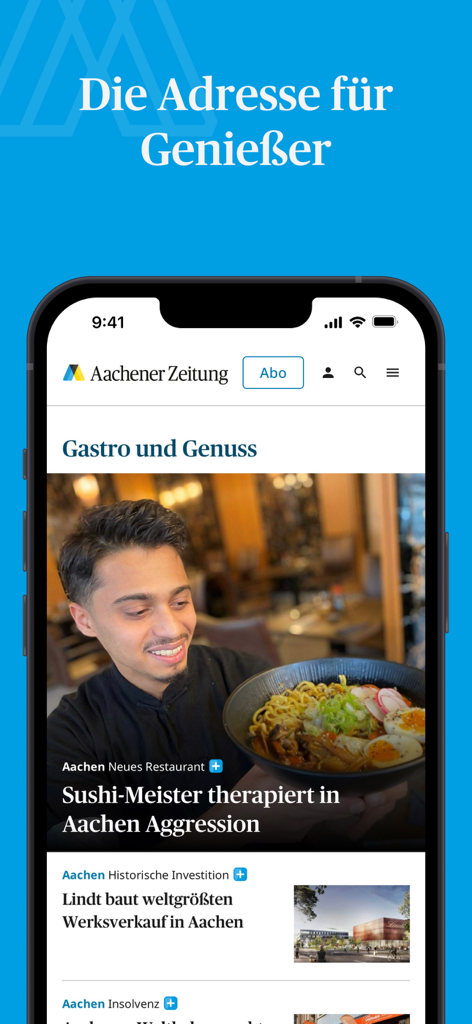 Aachener Zeitung News - Smartphone screen displaying the Aachener Zeitung News app with a gastronomy section and a local article about a sushi master