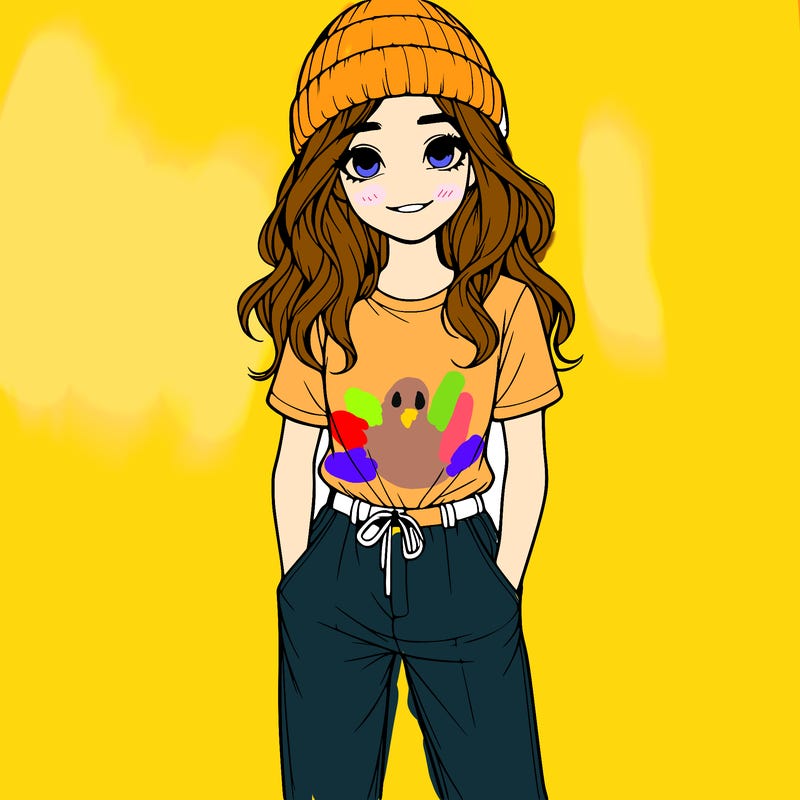 realistic girl, in t-shirt and pants with a beanie and a smile on their face