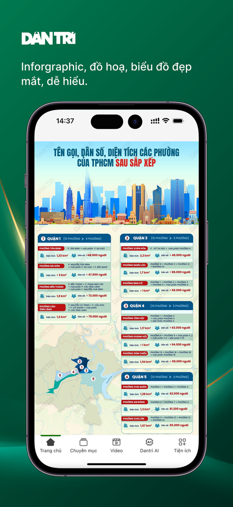 Dan Tri news app interface displaying a detailed infographic about Ho Chi Minh City administrative districts