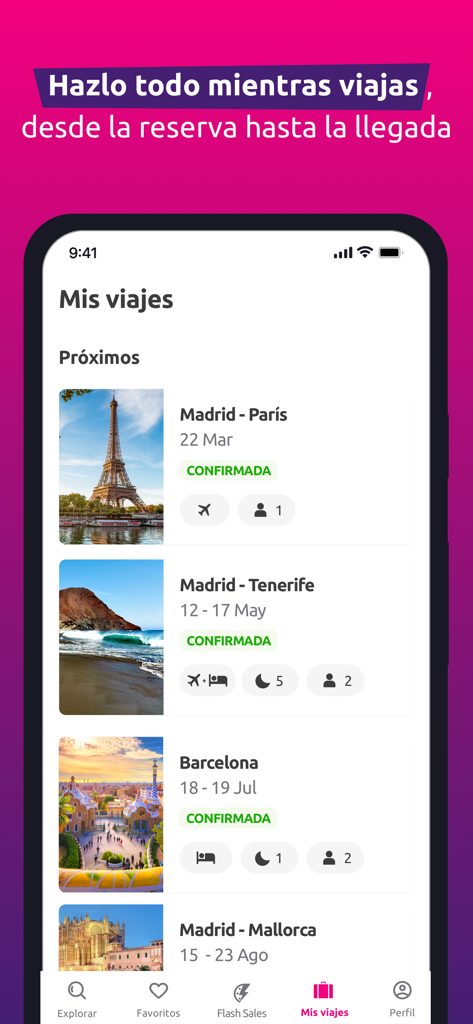 Rumbo app interface showing a list of upcoming confirmed flight and hotel bookings