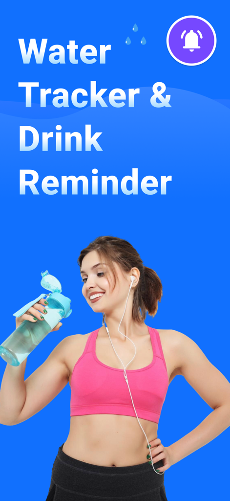 AquaAlert : Hydration Buddy - Mujer fitness sosteniendo una botella de agua con el texto Rastreador de Agua y Recordatorio de Bebida