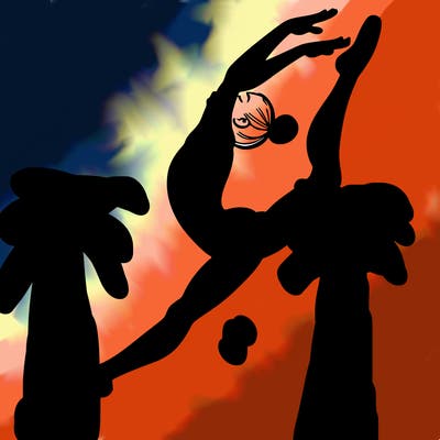 gymnast doing a leap in a leotard with a bent back leg