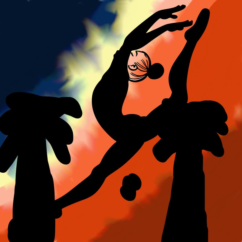 gymnast doing a leap in a leotard with a bent back leg