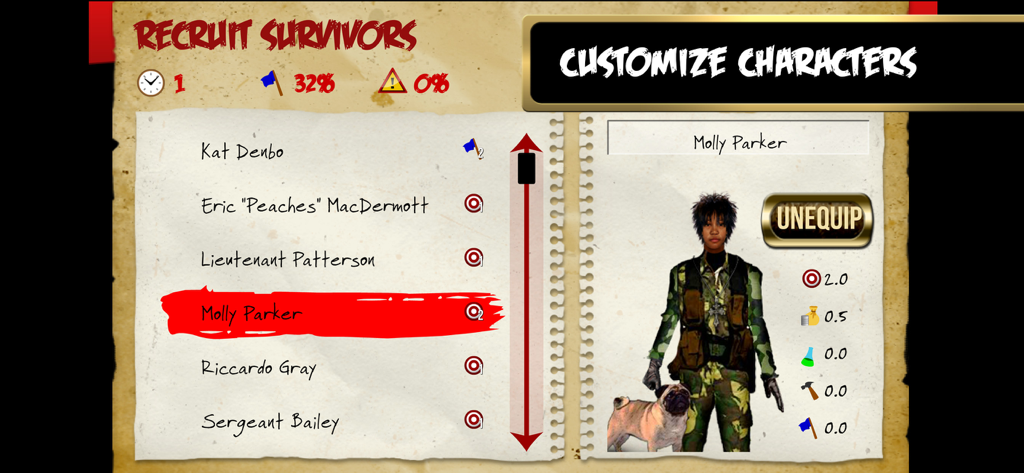 Rebuild - A screen from the Rebuild mobile game showing character customization and survivor stats for Molly Parker