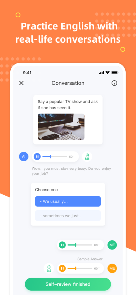 Interfaccia dell'app HelloTalk English Talk che mostra una sessione di pratica di conversazione con suggerimenti AI e registrazione vocale