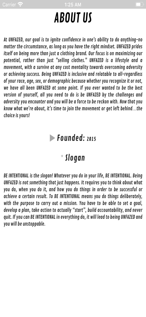 UNFAZED - The About Us screen of the UNFAZED app detailing its mission statement and Be Intentional slogan.