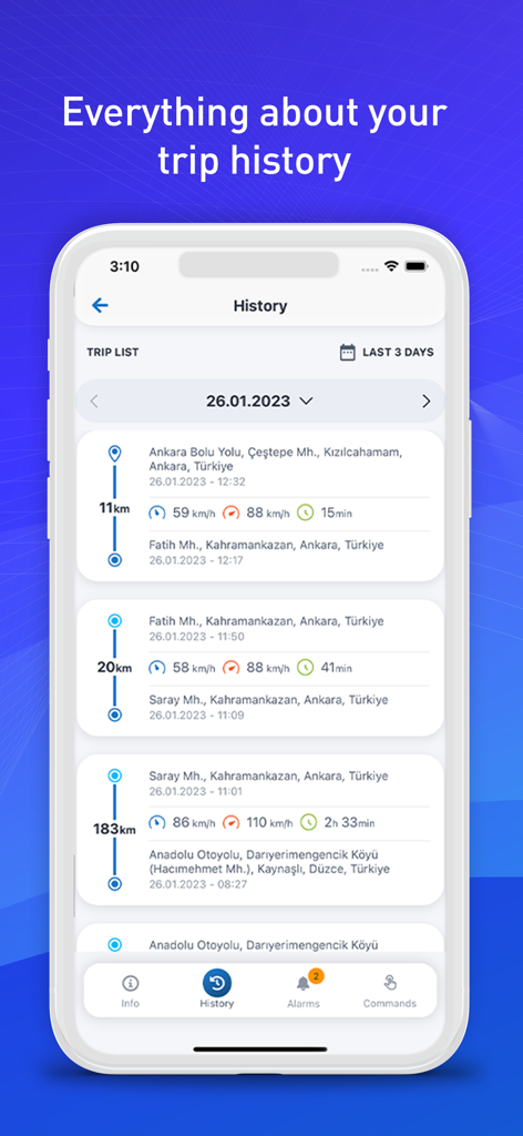 Screenshot of the Arvento app showing a detailed trip history list with locations speeds and durations