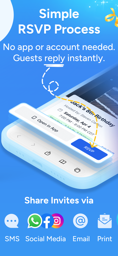 Invitd App-Oberfläche, die einen einfachen RSVP-Prozess und das Teilen von Einladungen per SMS, sozialen Medien und E-Mail zeigt.