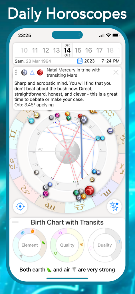 Interface do aplicativo Astro Future exibindo um mapa astral detalhado com explicações de trânsito e análise de elementos