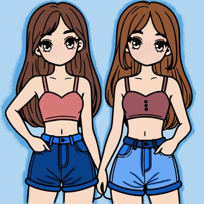 two sisters with crop tops and jean shorts and straight hair