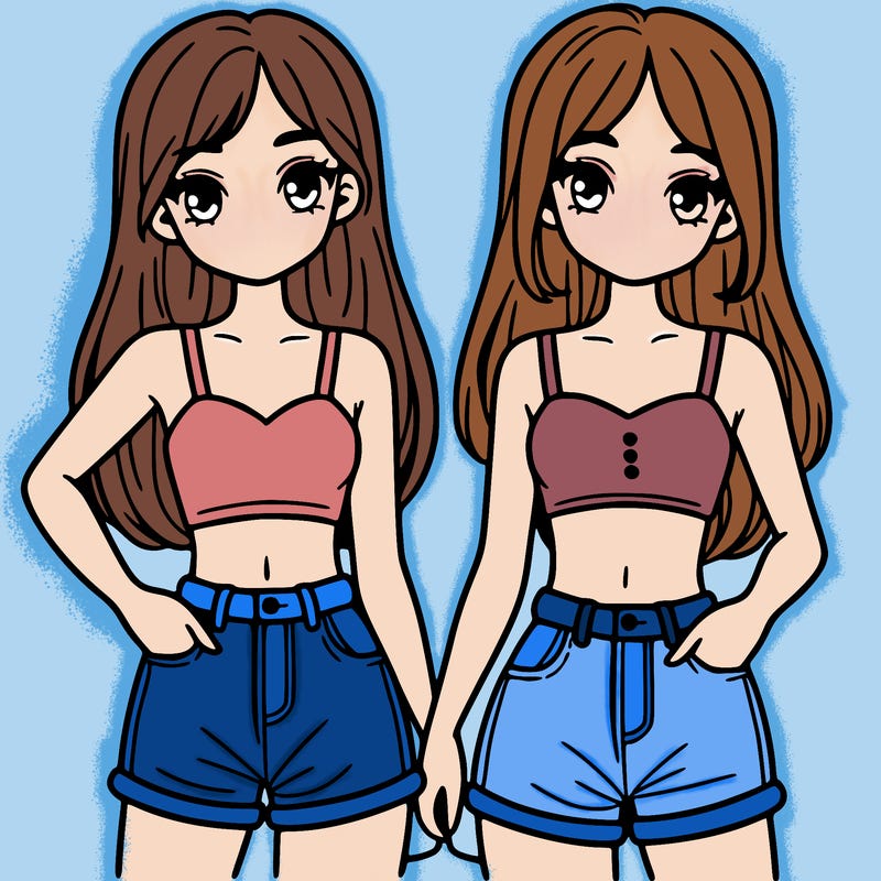 two sisters with crop tops and jean shorts and straight hair