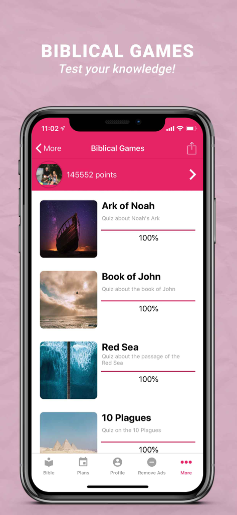 Bible Reina Valera - Biblical Games interface in the Bible Reina Valera app showing user points and completed quizzes like Ark of Noah and Red Sea