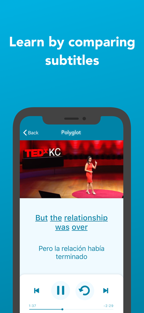Polyglot - Master Languages - Pantalla móvil mostrando la interfaz de la aplicación Polyglot con subtítulos simultáneos en inglés y español debajo de un video para la inmersión lingüística