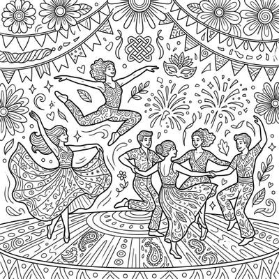 Immerse yourself in a dynamic celebration of movement and joy with this intricate coloring page. Featuring vibrant dancers surrounded by festive patterns and fireworks, it's a perfect canvas to express your creativity.