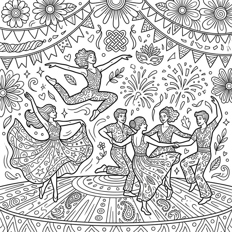 Immerse yourself in a dynamic celebration of movement and joy with this intricate coloring page. Featuring vibrant dancers surrounded by festive patterns and fireworks, it's a perfect canvas to express your creativity.