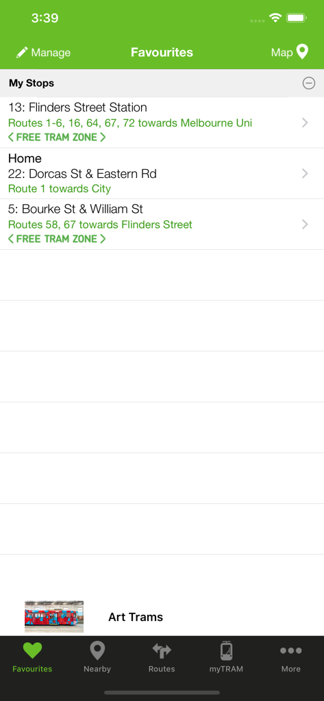 tramTRACKER - Screenshot of the tramTRACKER app showing a list of saved favorite tram stops in Melbourne