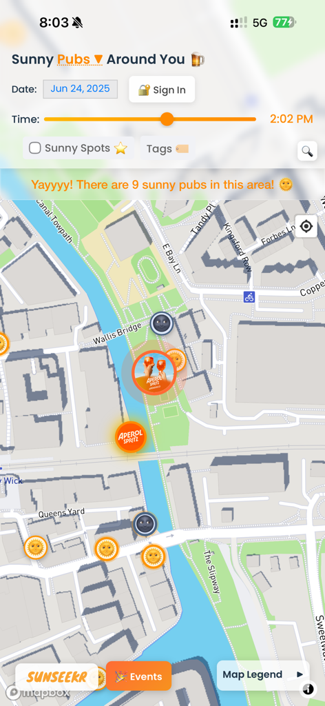 Map interface of the SunSeekr app showing real-time sunlight availability for outdoor pub seating.