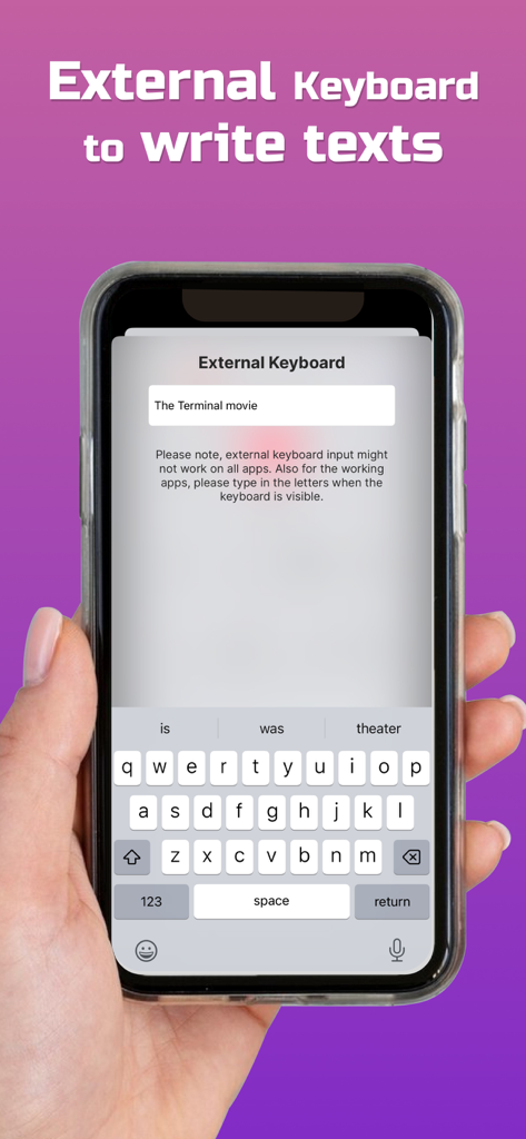 Remote for LG TV - WebOS TV - iPhone screen showing the external keyboard feature of the Remote for LG TV app to type text.