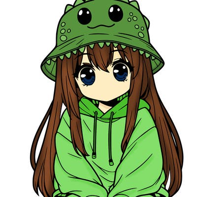 girl with anime shaped eyes with a dinosaur bucket hat oversized sweatshirt long straight hair