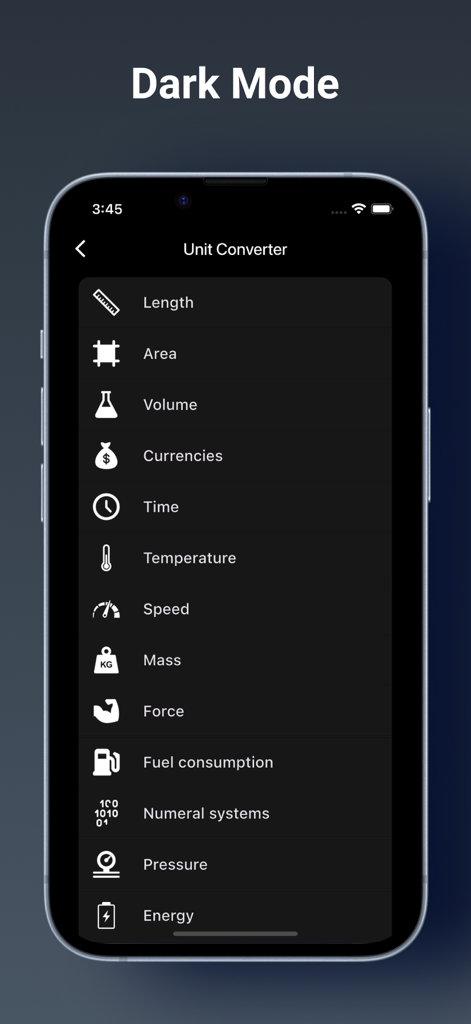 Financial Calculator Loan, SIP - Pantalla del convertidor de unidades de la aplicación de calculadora financiera que muestra la interfaz en modo oscuro.