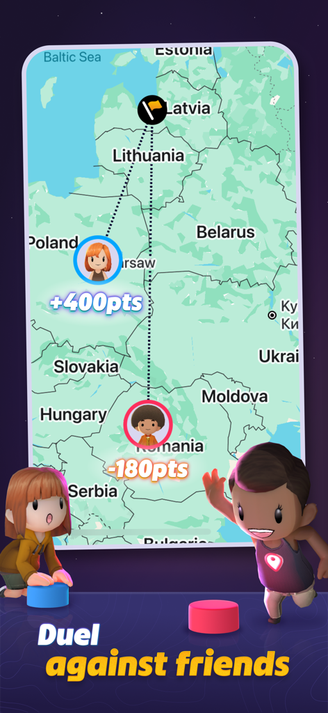 GeoGuessr game screen showing a multiplayer duel with character avatars and score comparisons on a map of Europe
