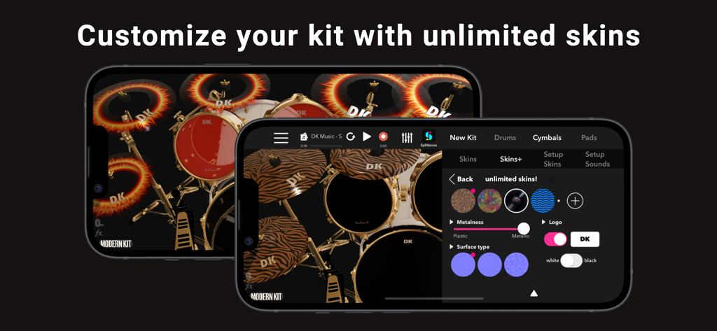 Interface of DrumKnee 3D app showing customization options for drum kit skins and surface types