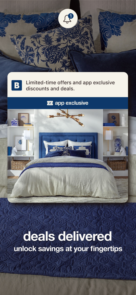 Bed Bath and Beyond app screenshot showing app exclusive deals and bedroom furniture