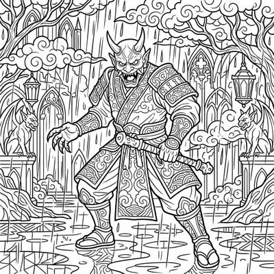 Step into a realm of myth and mystery with this captivating coloring page featuring a powerful Oni. Adorned with intricate details and set against a dramatic Gothic rainy day backdrop, it promises a unique artistic adventure.