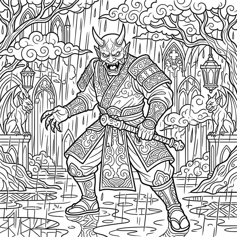 Step into a realm of myth and mystery with this captivating coloring page featuring a powerful Oni. Adorned with intricate details and set against a dramatic Gothic rainy day backdrop, it promises a unique artistic adventure.