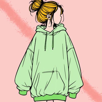 realistic girl with a oversized sweatshirt on and a bun
