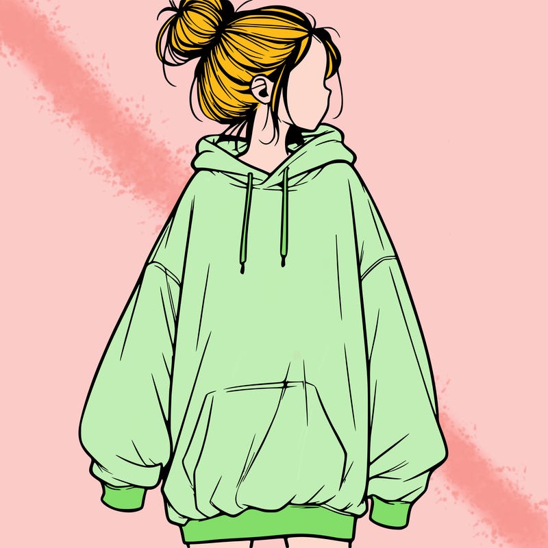 realistic girl with a oversized sweatshirt on and a bun