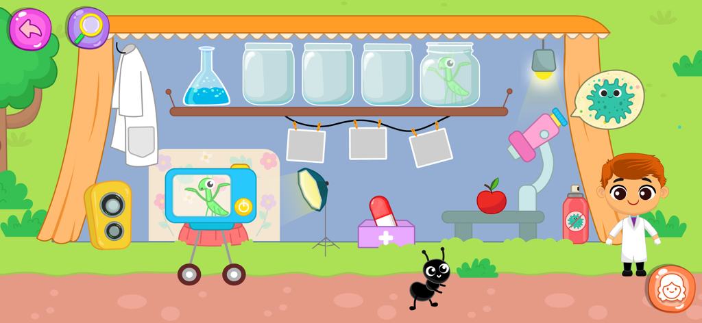 My Little Farm Game Kids World - Una scena di laboratorio scientifico dei cartoni animati con un giovane personaggio scienziato e barattoli di insetti nel Gioco della Mia Piccola Fattoria