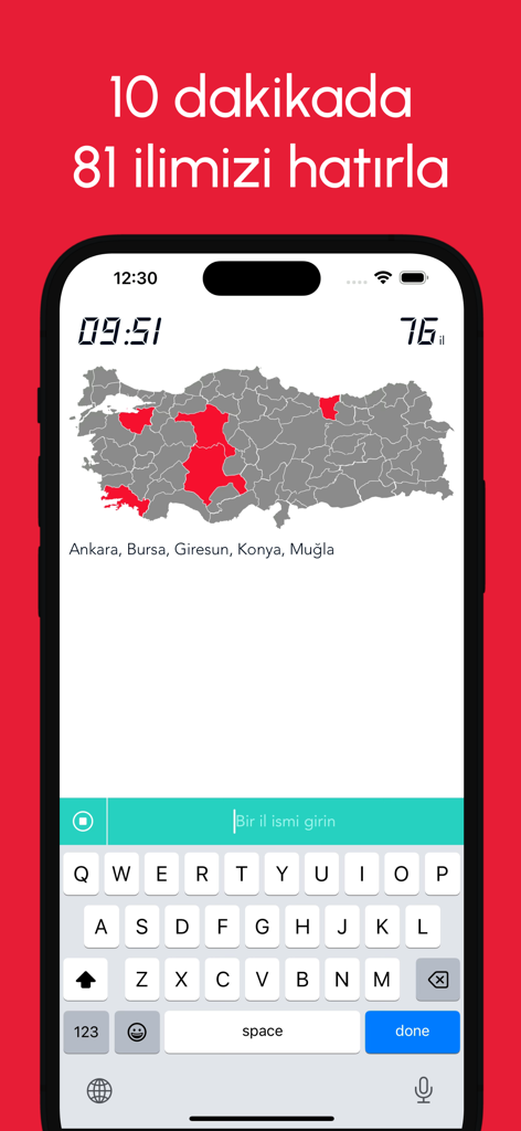 Harita Oyunu: 81 İl Tahmin Et - Turkish geography game interface showing a map of Turkey and a province guessing timer