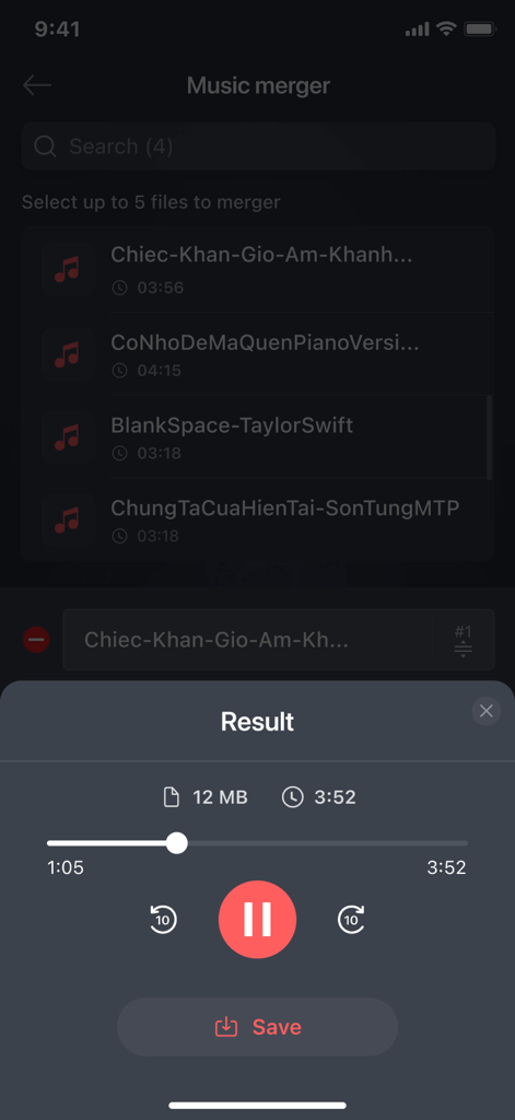 Music merger result screen with audio playback controls and save button