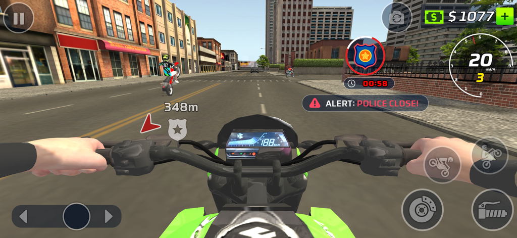 First person view of a motorcycle rider in a city with a police alert on screen